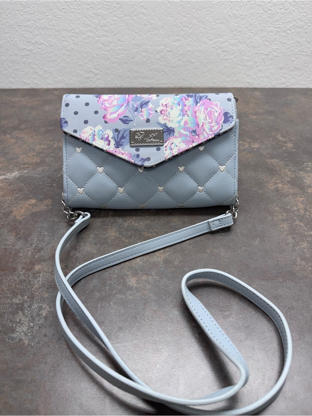 Betsey Johnson Light Blue Quilted Floral Envelope Crossbody